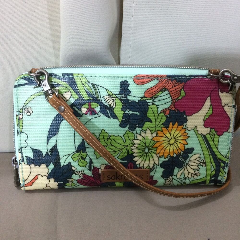 Sakroots Floral Crossbody Bag Mint Green Phone Purse Adjustable Strap Zipper - Picture 4 of 6